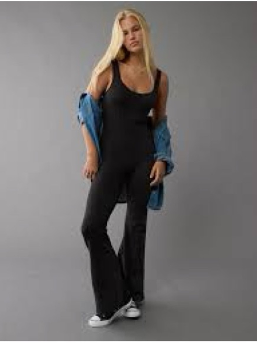 Aerie ae Black Scoop Neck Jumpsuit Sleek Flared Leg wide xl sporty athleisure co - Picture 7 of 8